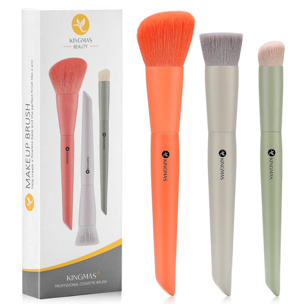 KINGMAS 3Pcs Makeup Brush Set, Foundation, Contour, Concealer, Under Eye & Blusher Kabuki Brushes for Face Blending