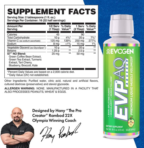 Evogen EVP AQ Sour Apple, Premium Liquid Glycerol, Betaine Anhydrous, Nitric Oxide, Hydration, Electrolytes