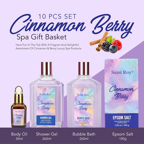 Shiny Gift Basket for Women Cinnamon Berry, Spa Gift Set for Women, 10Pcs Teen Girls Bath and Body Gift Sets, Birthday Bath Set with Body Oil, Bubble Bath, Candle, Bath Soak Powder, Lip Stick