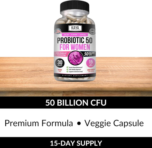 Kaya Naturals Probiotic 50 Billion CFU | 30 Vegetable Capsules for Women, Men, Gut Health & Immune Support