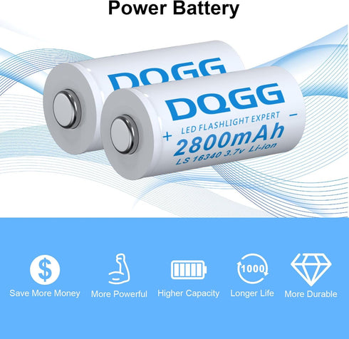 4 Pack 16340 Rechargeable Battery 2800mAh 3.7Volt Button Top Batteries for Flashlight Headlamp