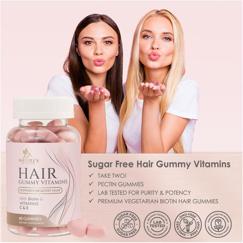 Sugar Free Hair Vitamins Gummies - 60 Gummies - with Biotin 5000 mcg, Vitamin A, B12, C, D, E