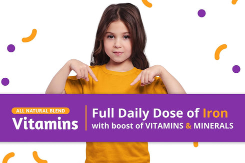 Squiggles Kids Daily Iron+ Gummies, Vegan Chewy Vitamin with Iron, Low Sugar, Grape Flavor, 100 Gummies