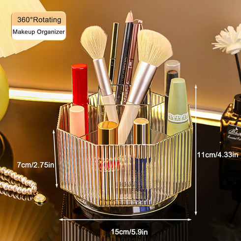 LINFIDITE 360° Rotating Makeup Brush Holder, Clear Cosmetic Display Case with 5 Slots for Vanity Organizer