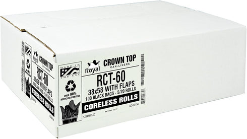 Aluf Plastics RCT-60 Star Sealed Coreless Rolls (60 gal, Pack of 100) - Black Polyethylene with E-Z Tie Flap Closure