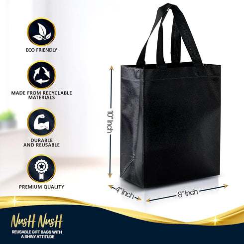 Nush Nush Medium Black Gift Bags, Set of 12 Reusable with Handles, Ideal for Birthday and Party Favor Bags