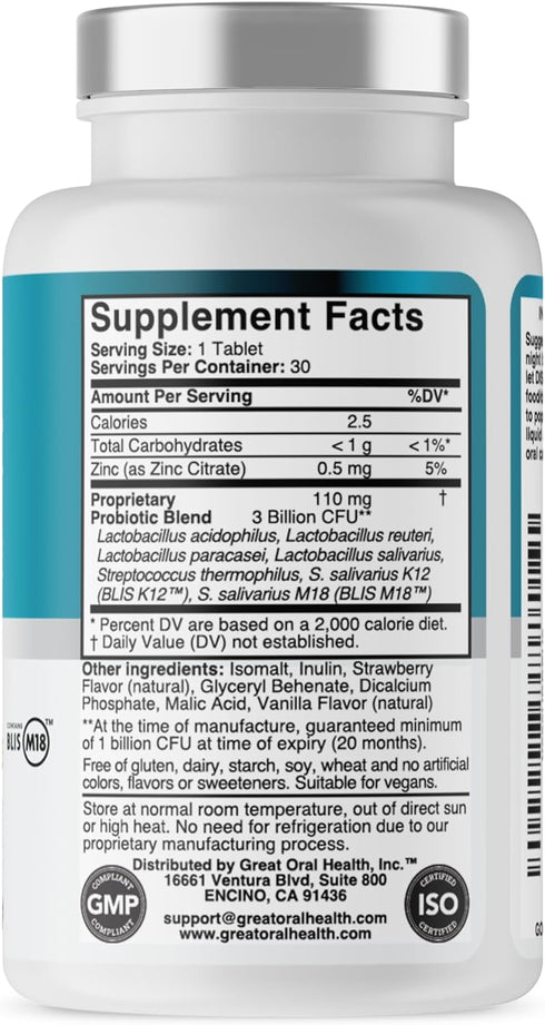 Children's Oral Probiotics, Cavity Prevention & Bad Breath Treatment Supplement w/BLIS K12, 30 Lozenge Strawberry