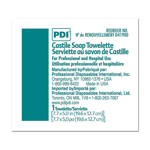 PDI D41900 Castile Soap Towelette, 7.7"x5", Individually Wrapped, 100/bx