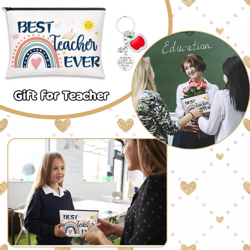 Teacher Appreciation Gifts Set, 6 PCS Makeup Bags & 6 PCS Heart-Shaped Keychains, Valentines Graduation Gifts