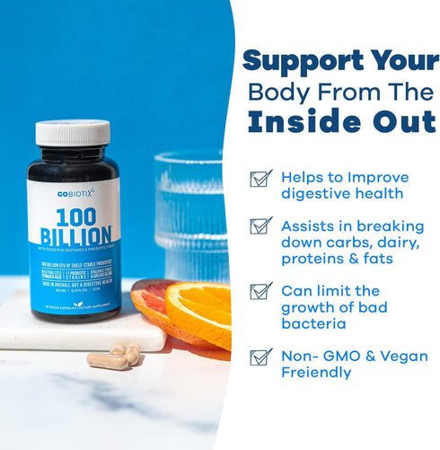 GOBIOTIX 100 Billion Digestive Enzymes Supplement, Probiotics Multivitamin, Prebiotic Fiber Blend - 30 Capsules