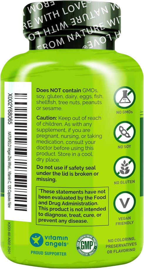 NATURELO Vegan Zinc Immune Support Capsules, Whole Food Complex with Vitamin C, 120 Capsules