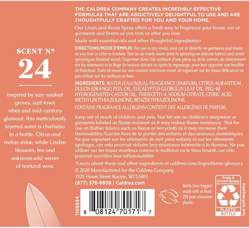 Caldrea Linen And Room Spray Air Freshener, Made With Essential Oils, Tangelo Palm Frond Scent, 16 Fl Oz