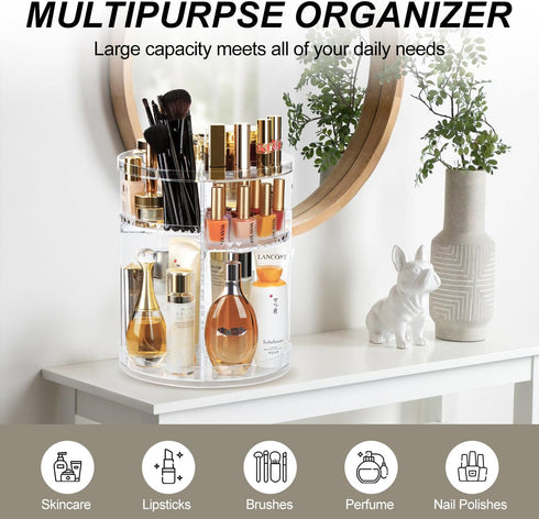 Rotating Makeup Organizer, 360 Spinning Skincare Storage Case with Brush Holder for Vanity Bathroom - Large