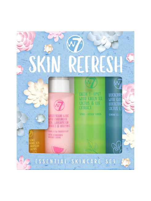 W7 Skin Refresh Essential Skin Care Set - 4 Step Daily Routine: Moisturizer, Cleansing Gel, Toner, Serum for Natural