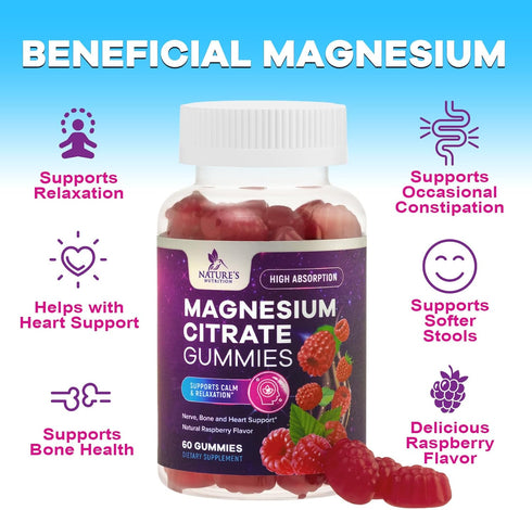 Magnesium Gummies Supplement, High Absorption Magnesium Citrate for Adults & Kids, 60 Gummies for Health Support