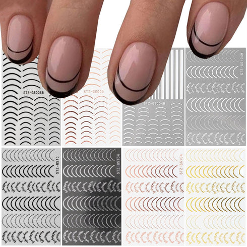 Line Nail Art Stickers, 3D Curved Lines Decals, Gold Silver Black Adhesive Tapes for French Nail Design, 8 Sheets