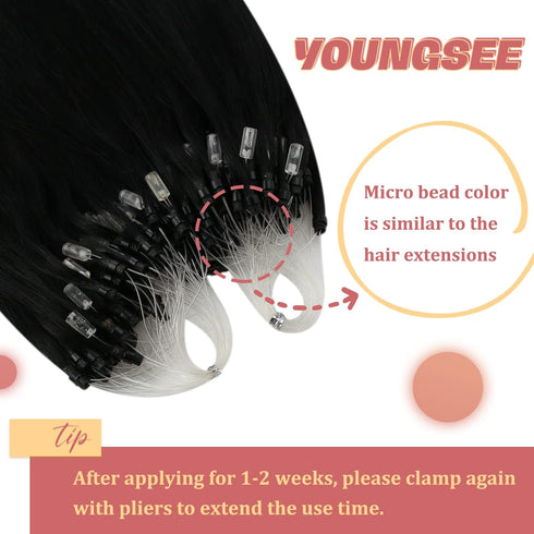 YoungSee Micro Bead Hair Extensions, Real Human Hair Black Microlink Extensions, Jet Black Micro Ring, 16 Inch, 50s/50g