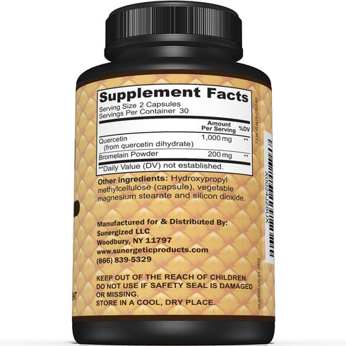 Sunergetic Premium Quercetin & Bromelain Supplement – 1000mg Quercetin per Serving for Immune Support – 60 Capsules