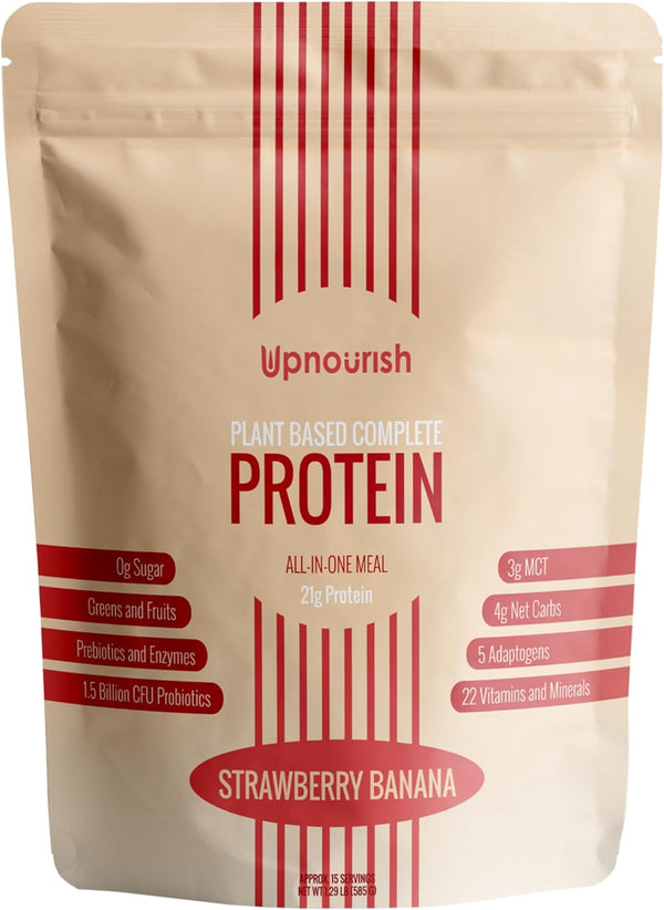 UpNourish Strawberry Banana Vegan Protein Powder | Meal Replacement Shake, Gluten Free, Dairy Free | 15 Servings,