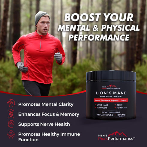 MEN'S PeakPerformance Mushroom Complex with Lions Mane, Reishi, Cordyceps, Turkey Tail, Nootropic Brain Supplement for