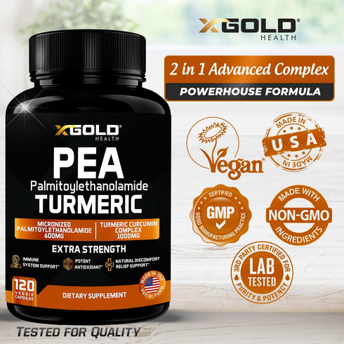 Palmitoylethanolamide 600mg + Turmeric Curcumin Complex 1000mg, Micronized Pea Supplement for Men and Women, 120 Veggie