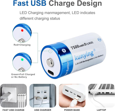 kunying 4 Pack 1.5V 7500mAh 4-in-1 Rechargeable D Batteries Lithium, Long Lasting High Capacity D Cell Batteries