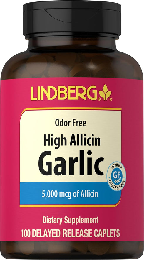 Lindberg High Allicin Garlic Supplement 5000mg, 100 Caplets, Odorless Garlic, Non-GMO, Gluten Free