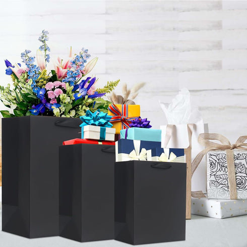 QIELSER 12 Pack Black Gift Bags with Ribbon Handles, Kraft Paper Gift Bags with Tissue Paper in 3 Sizes for Parties