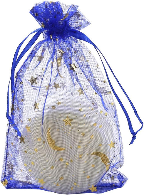 100Pcs 4x6 Inches Sheer Organza Drawstring Pouches with Stars and Moon for Wedding Party Favors