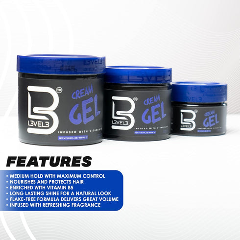 L3 Level 3 Cream Gel - Provides Volume and Medium Hold - With Vitamins to Nourish and Protect Hair Level Three Mens Hair Styling Cream