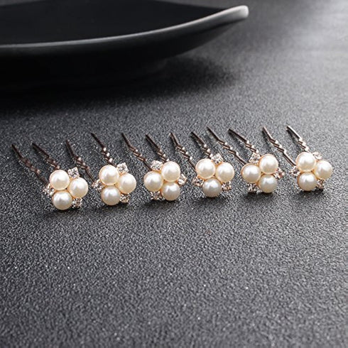 Kercisbeauty Bridal Hair Piece - Wedding Pearl Hair Pins with Rhinestones for Updos, Set of 6, Rose Gold