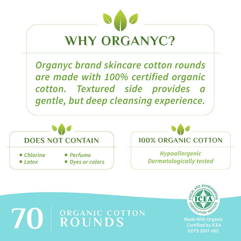 Organyc 100% Certified Organic Cotton Makeup Pads, Natural Unbleached Makeup Remover Rounds, 70 Count