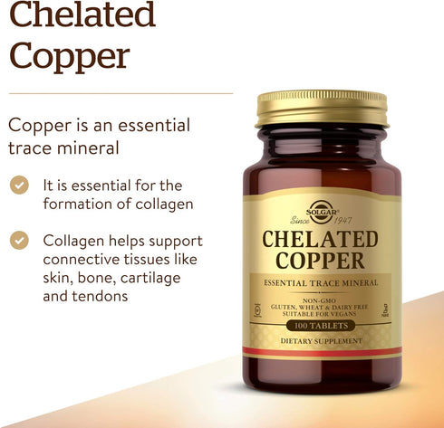 Solgar Chelated Copper, 100 Tablets, Supports Collagen Formation, Non-GMO, Vegan, Gluten Free