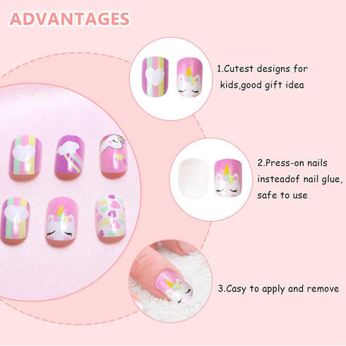 JANYUN 48 Pcs Stick on Nails for Kids - Fake Nails for Girls, Lovely Children Gift Nail Art Decoration