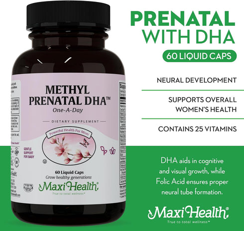 Maxi Health Methyl Prenatal DHA - 60 Liquid Caps, Doctor Formulated, Kosher, Gluten Free Prenatal Multivitamin with 25