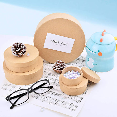 WANDIC 5 Pcs Kraft Paper Nested Boxes, Assorted Size Round Mini Gift Boxes with Lids for Wedding Birthday Jewelry