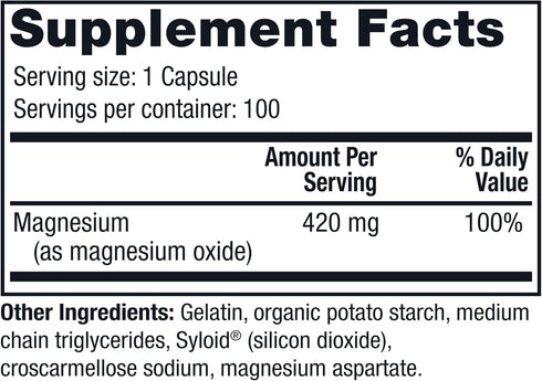 Twinlab Magnesium Caps - High Absorption Magnesium Supplement to Support Leg Cramps Relief - Magnesium Capsules for Stress Relief, 420 mg, 100 Count, 2 Pack
