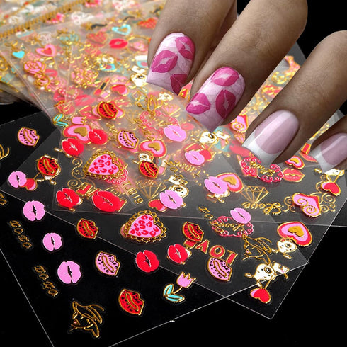 Lips Nail Stickers for Valentine's Day, 3D Gold Nail Decals Foils for Heart Red Lip Self-Adhesive Nail Design