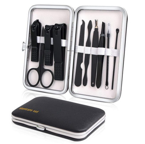 Manicure Set, Travel Mini Nail Clippers Kit, 10pcs Stainless Steel Grooming Tools (Black)