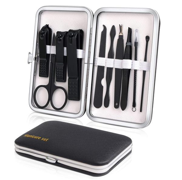 Manicure Set, Travel Mini Nail Clippers Kit, 10pcs Stainless Steel Grooming Tools (Black)