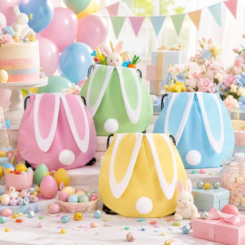 Yoojahow 24 Backpack Pcs Bunny Drawstring Bags Cute Rabbit Ear Reusable Candy Goodie Gift Bags for Bunny Birthday Party