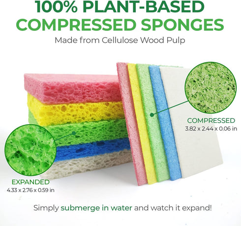Biodegradable Cellulose Compressed Sponges - 32 Pack Heavy Duty Kitchen Cleaning Sponges
