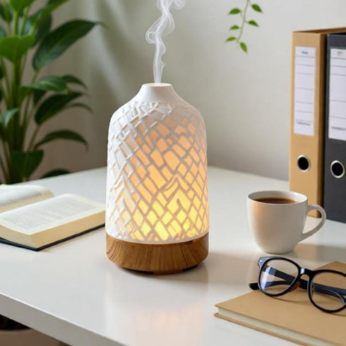 RIZGHWOY 7 Essential Oil Diffuser, Ceramic Wood Grain Aromatherapy Diffuser with Color Night Light, for Room Office