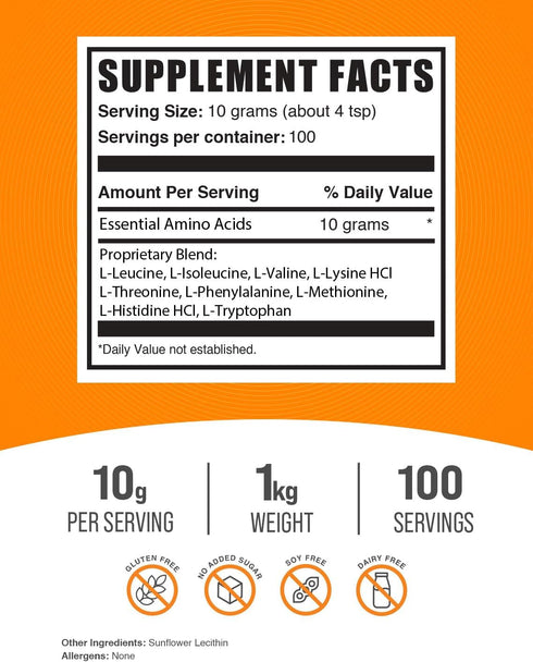 BulkSupplements.com Essential Amino Acids Powder - EAA Supplement, Unflavored & Gluten Free, 10g of EAAs per Serving,