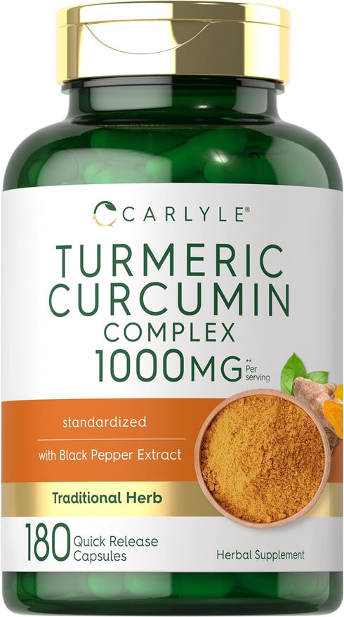 Carlyle Turmeric Curcumin with Black Pepper 1000mg | 180 Capsules | Non-GMO, Gluten Free Complex Supplement
