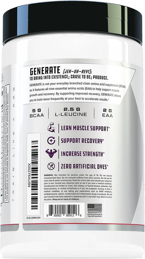 Generate EAA and BCAA Powder: Post Workout Recovery Drink with 5g BCAAs, 2g EAAs for Lean Muscle Mass - Watermelon, 30