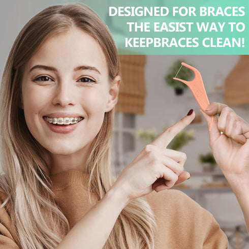 Orthodontic Flossers for Braces, Mint Flavor Dental Floss Picks, 60 Count/Bag (Pink, 2 Pack)