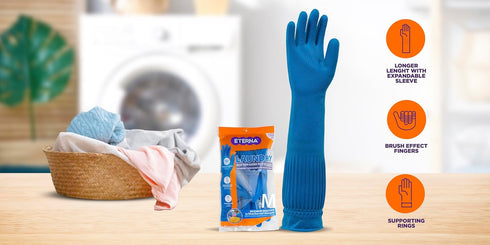 ETERNA Extra Long Gloves for Laundry, Kitchen, Household Cleaning, Size M, Brush Effect on Fingers, 3.63 Oz