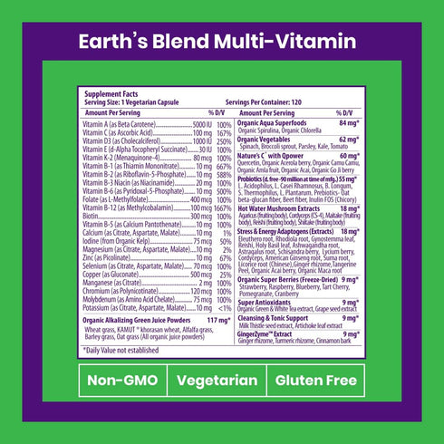 Paradise Herbs, Earth's Blend, Multivitamin, No Iron, 48 Organic Superfoods, Probiotics, Antioxidants, Vitamins A, B12, C, D, K2, Daily Superfood Multivitamin with No Iron