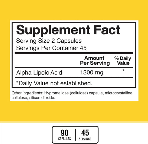 American Standard Supplements Alpha Lipoic Acid 1300mg - Vegan, Gluten Free, Non-GMO, 90 Capsules, 45 Servings